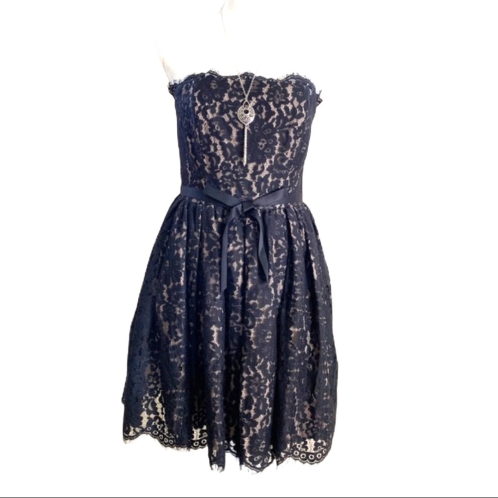 Neiman Marcus Strapless Gothic Lace Flare Dress